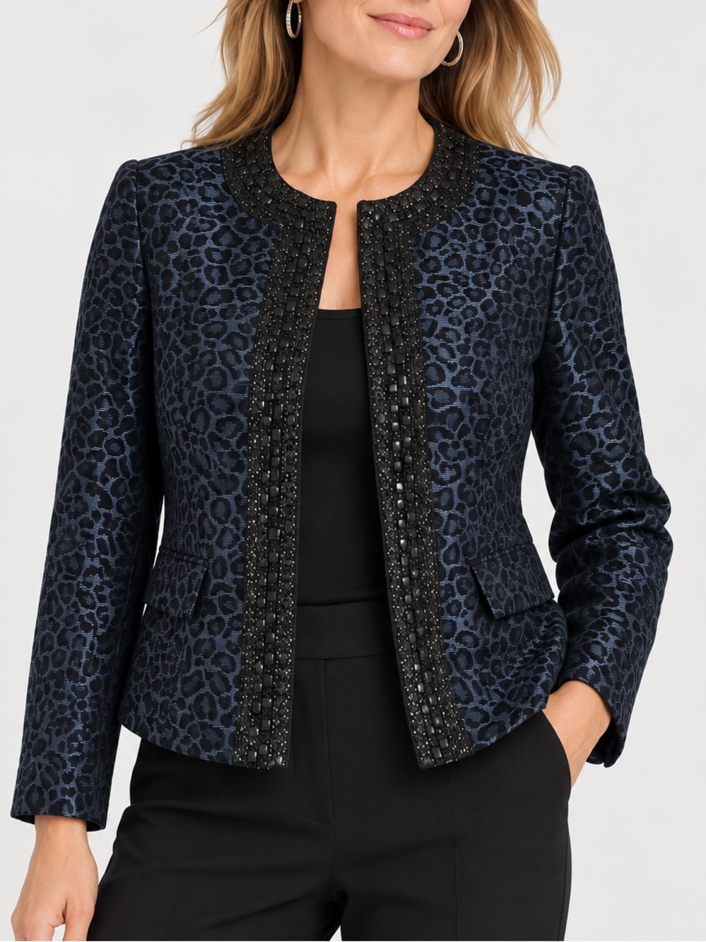 Chico's Black & Navy Leopard Jacquard Beaded-Trim Jacket